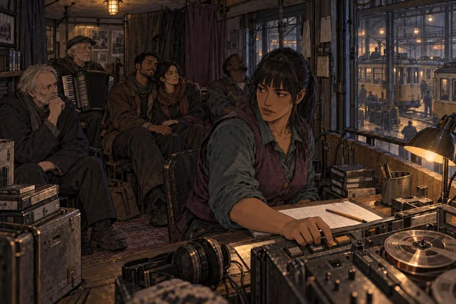 Scene featuring Bela Noren: foreground, at the tape transport
