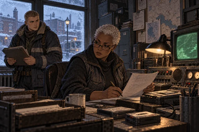 Scene featuring Arno Veldin: left, standing with the clipboard