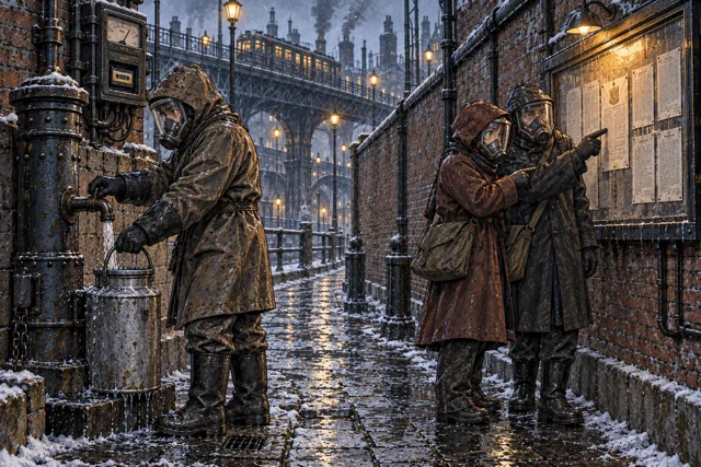 Scene featuring Alma Dorek: right, pointing at the notice