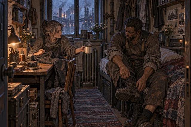 Scene featuring Anika Brenov: left, offering the mug