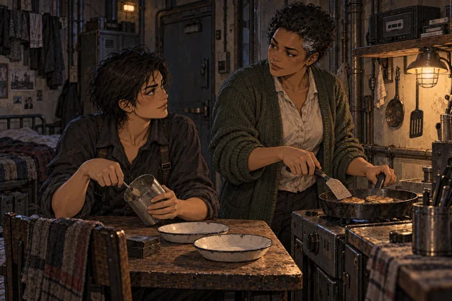 Scene featuring Sera Anvek: left, scraping paste from the tin