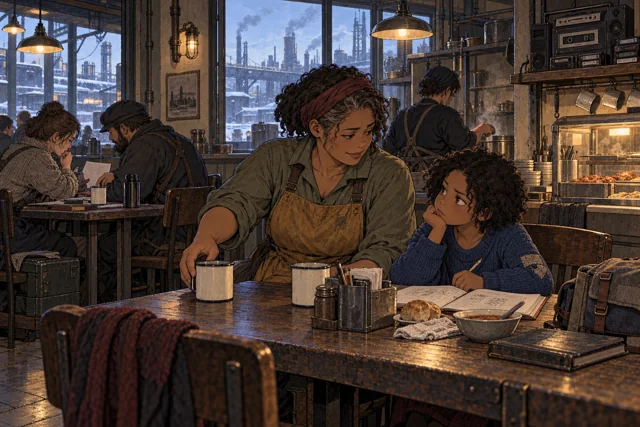 Scene featuring Evi Tavor: right, beside the open schoolbook
