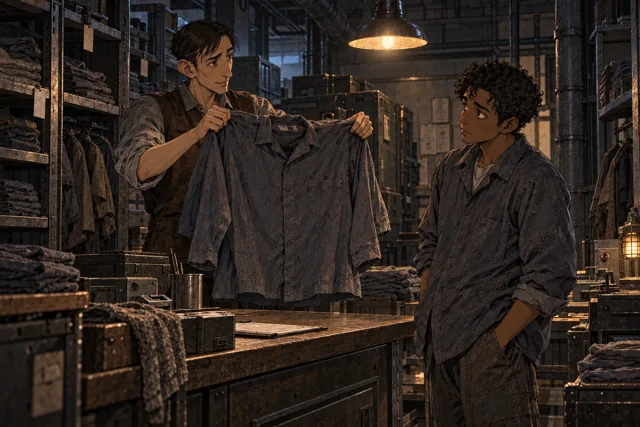 Scene featuring Orel Vask: left, holding up the work shirt