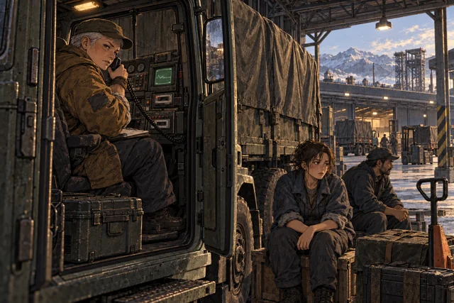 Scene featuring Edda Kest: left, using the handset in the truck cab