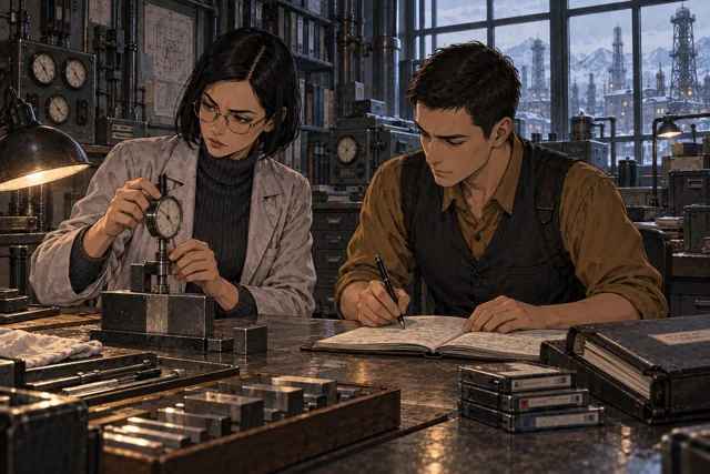 Scene featuring Kian Vesel: right, writing beside the gauge