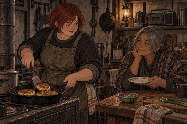 Scene featuring Meda Jask: right, waiting with a plate