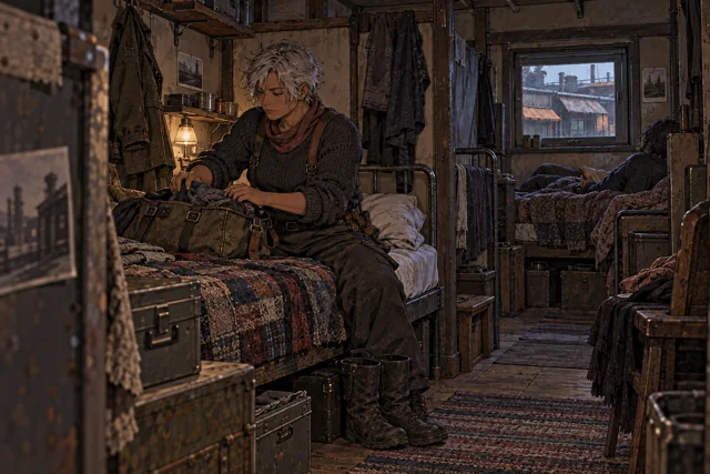 Scene featuring Rosa Kelven: seated alone, unpacking the bag