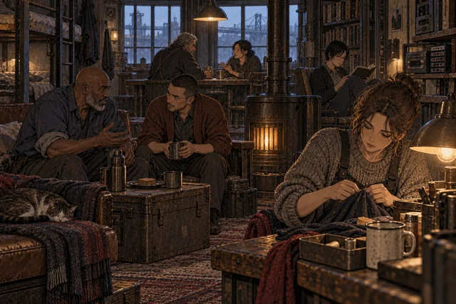 Scene featuring Miran Kel: left, the older man with a shaved head