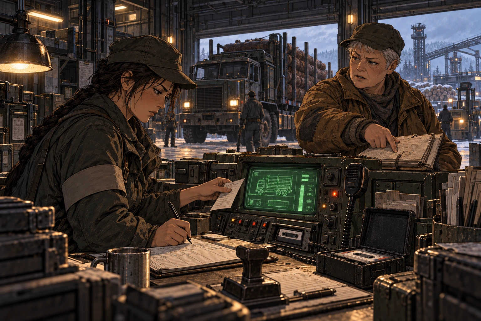 Mela writes a vehicle return into the log while Edda points to the accompanying record beside a CRT and cassette console.