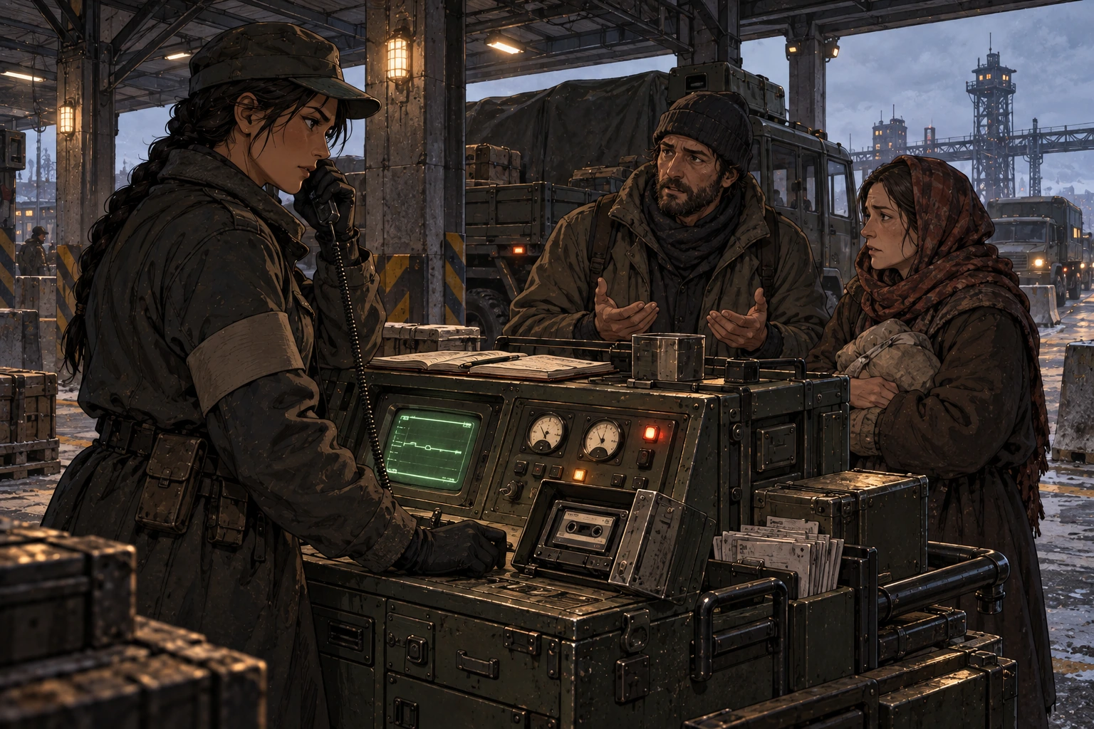 Mela Vorst hears two waiting adults while operating a large checkpoint dispatch cabinet through a tethered handset and physical controls.