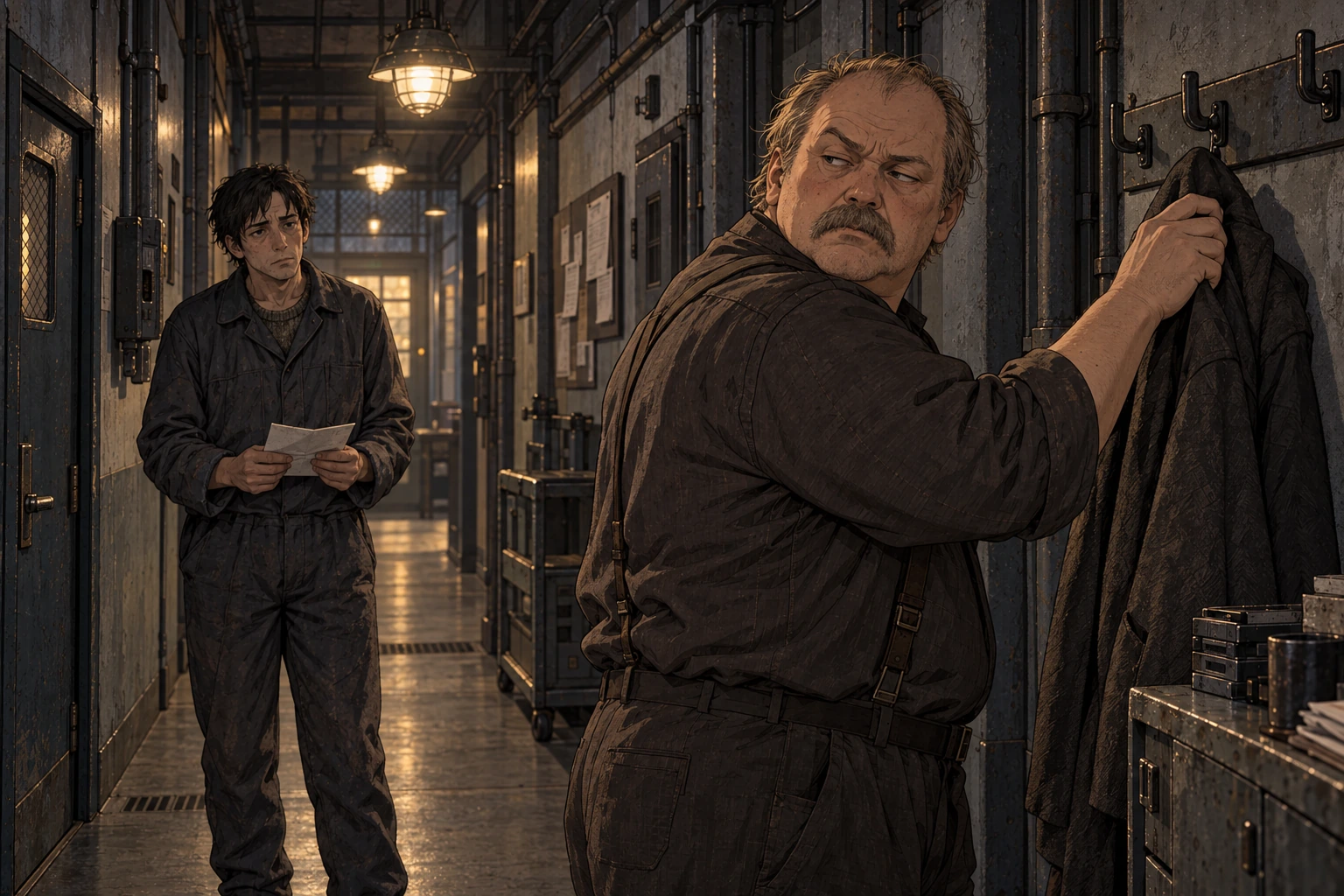 Edren Mol hangs his coat while looking back impatiently at a prisoner waiting with a folded request.