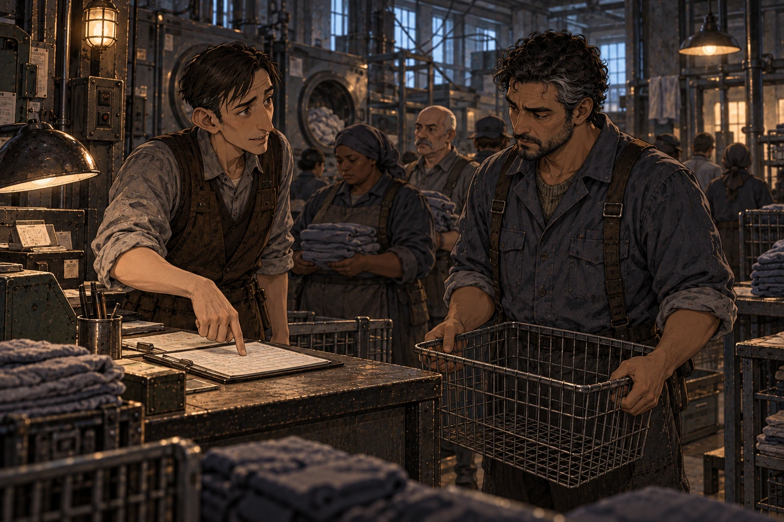 Orel indicates an empty ledger line while Mik holds an empty laundry basket and anonymous workers wait behind them.