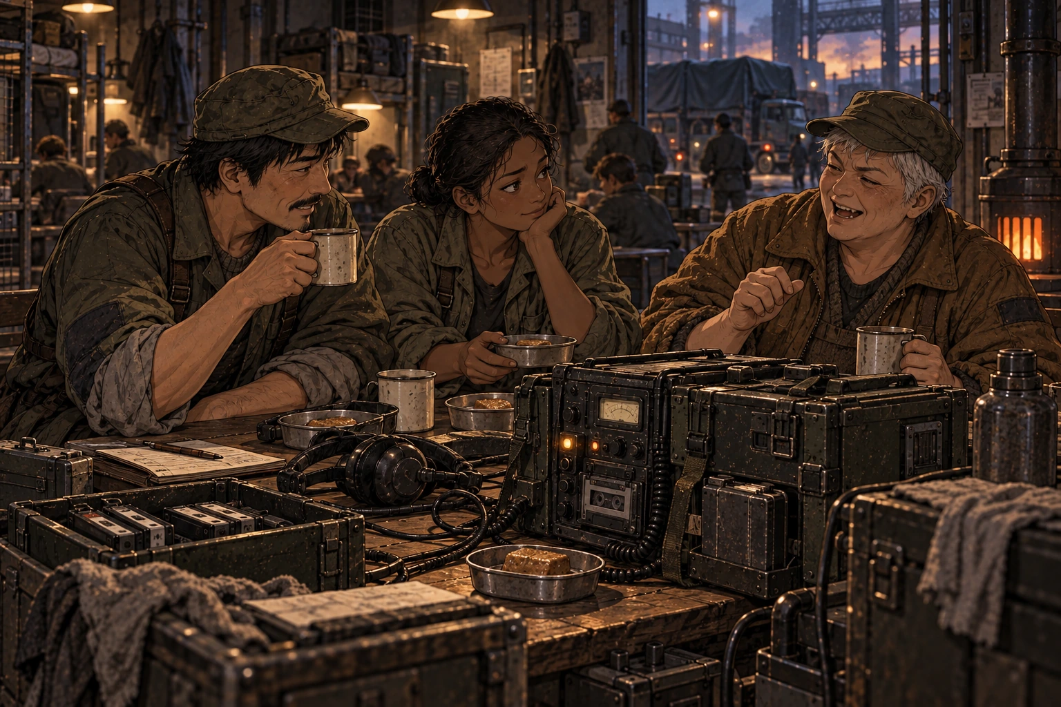 Aron, Nera and Edda share a modest meal around a returned field radio after duty.