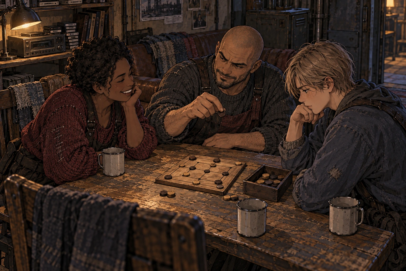 Two adults and an older teenager react differently to a move in a worn tabletop game, with extra wooden counters held aside.