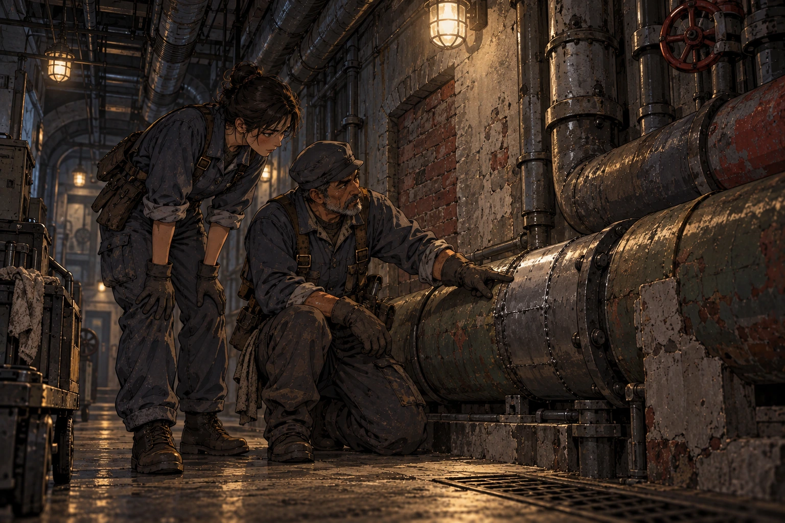 An older worker points out a repaired pipe seam to a younger colleague in a disused passage.