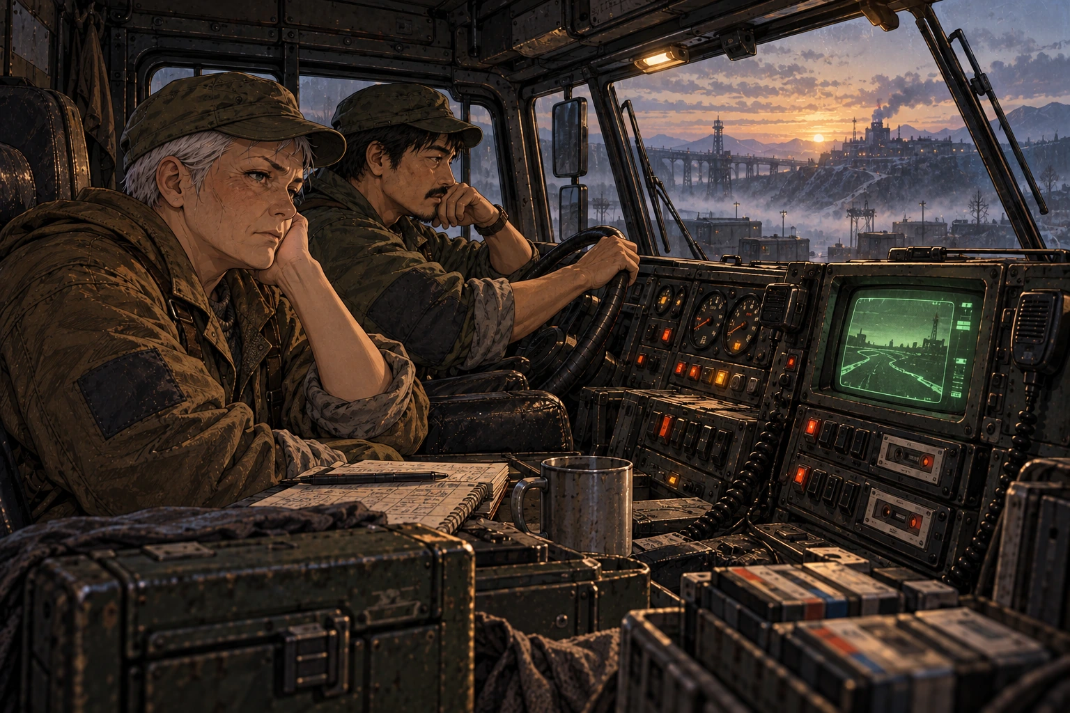 Edda and Aron wait in a stationary truck cab at first light beside a deep CRT and twin-cassette dashboard.