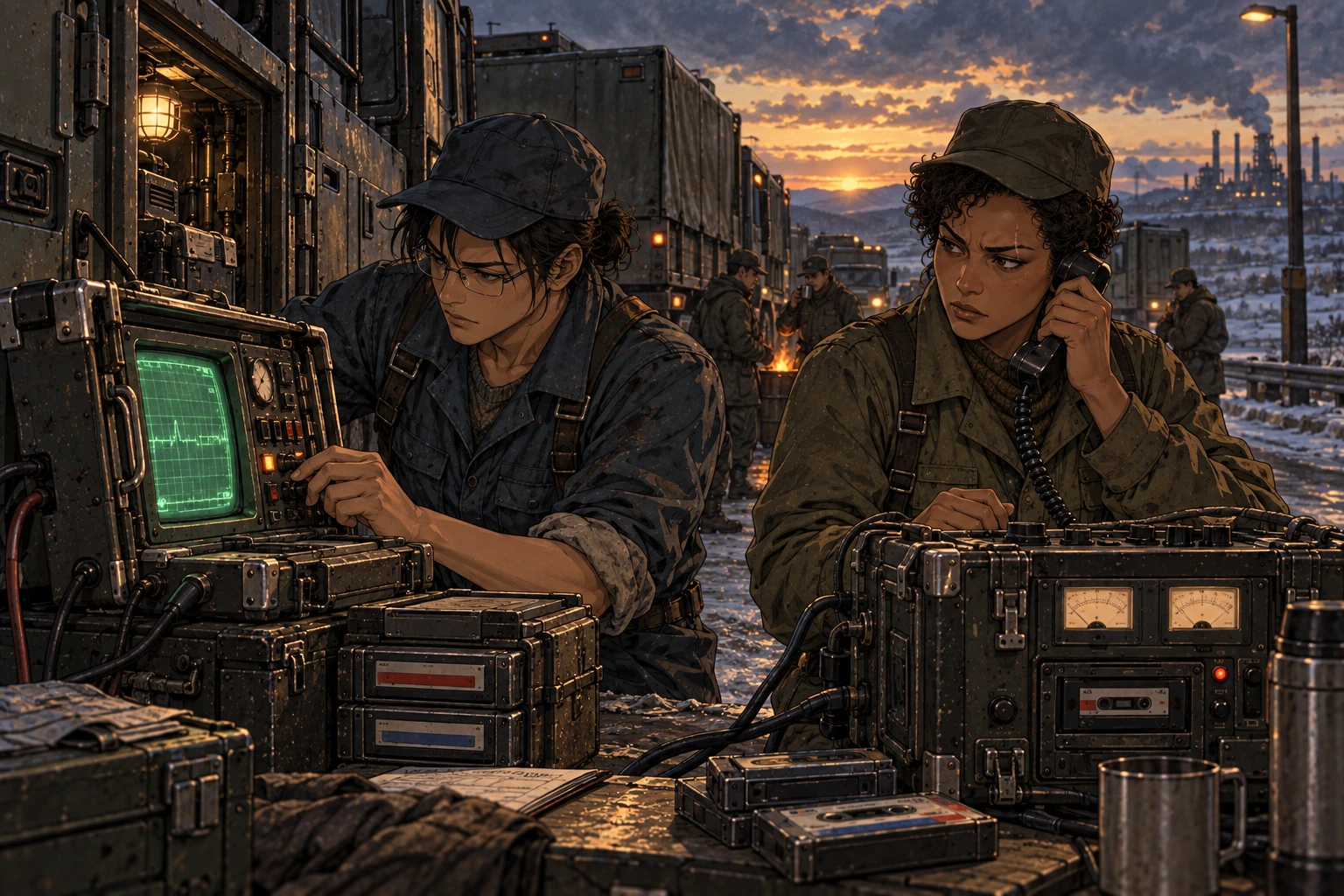 Sen adjusts a suitcase CRT diagnostic set while Vesa makes a wired call beside the halted service vehicles.
