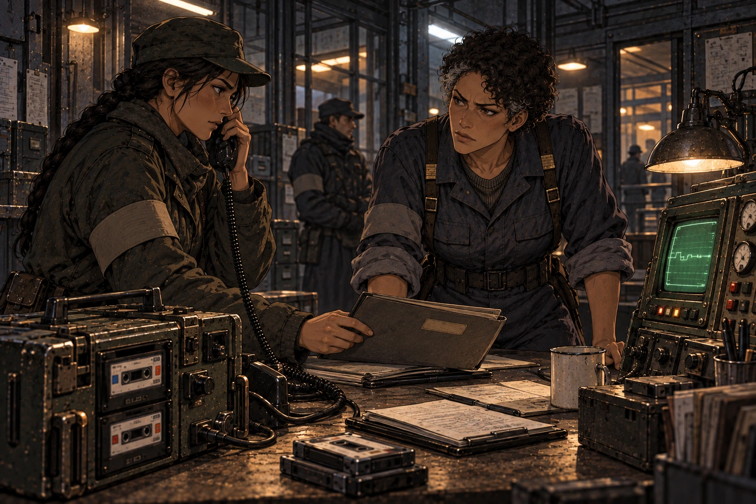 Mela listens on a field telephone while Ivara leans over a closed folder between two substantial equipment cases.