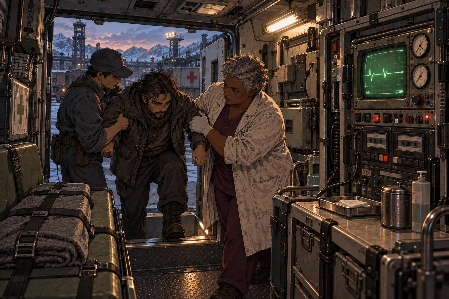 Nemi and an orderly help a fully clothed patient step into a medical transport with a secured CRT and cassette rack.
