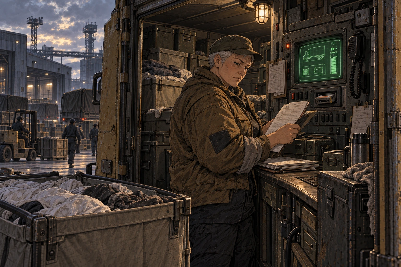 Edda checks a laundry and stores return beside a truck-mounted CRT and cassette dispatch terminal.
