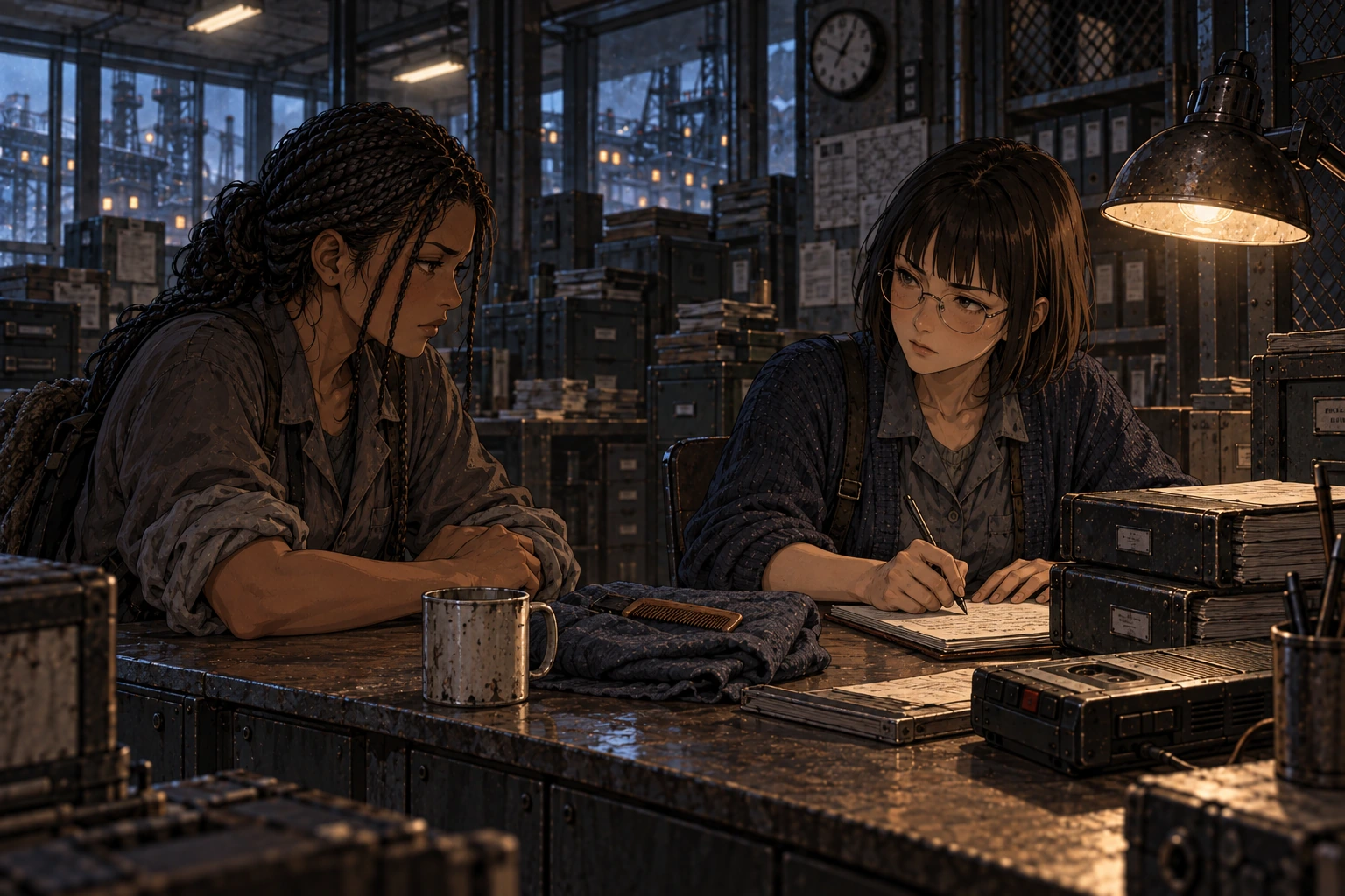 Dara watches Salka record a chipped cup, comb and folded fabric at a property counter.