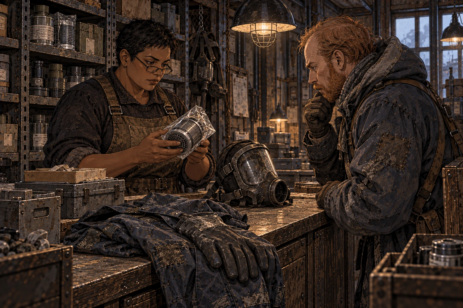 A storekeeper and worker compare a sealed replacement filter with a used full-face breather and worn protective clothing.