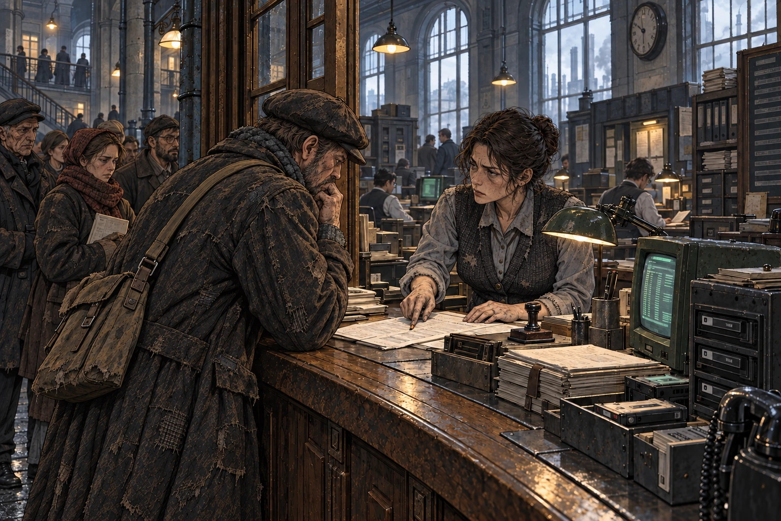 Leva Dorn at the counter. Leva Dorn understands the queues from the other side of the counter. Paperwork and personal attention shape an ordinary encounter with authority.