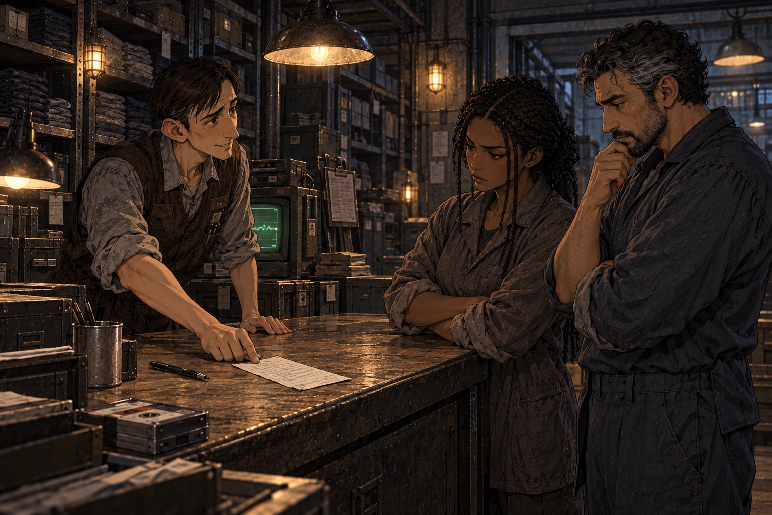 Orel offers an unsigned receipt while Dara keeps her arms folded beside Mik.
