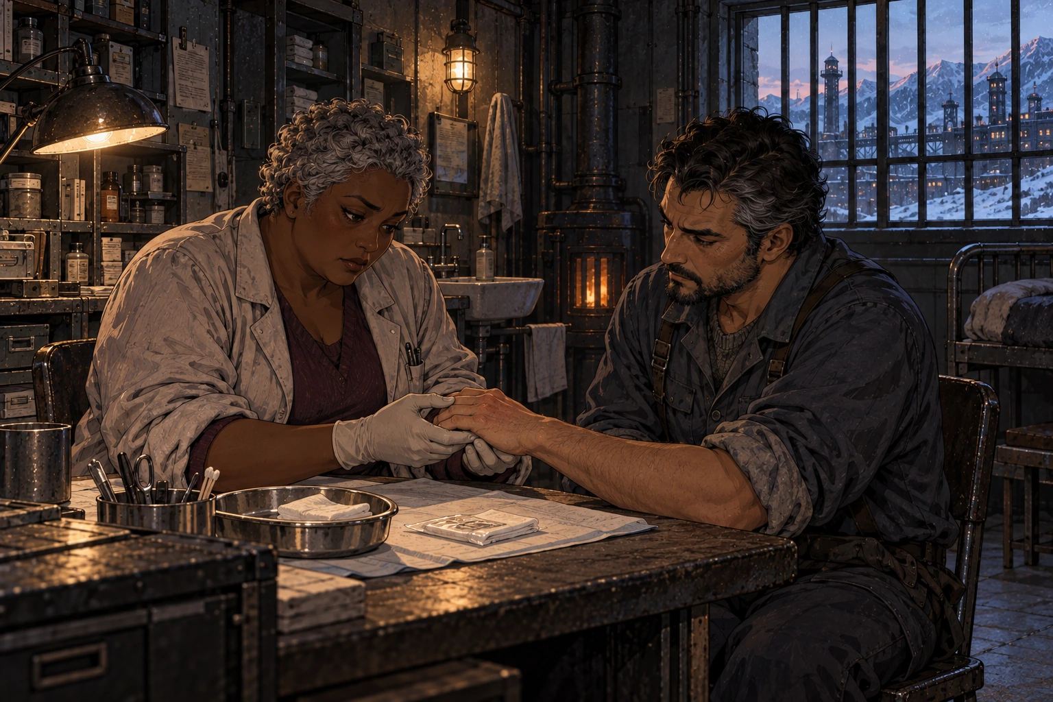 Nemi Arven examines Mik’s mildly irritated hand at eye level in a worn clinic with clean gloves, cloth and dressing supplies.