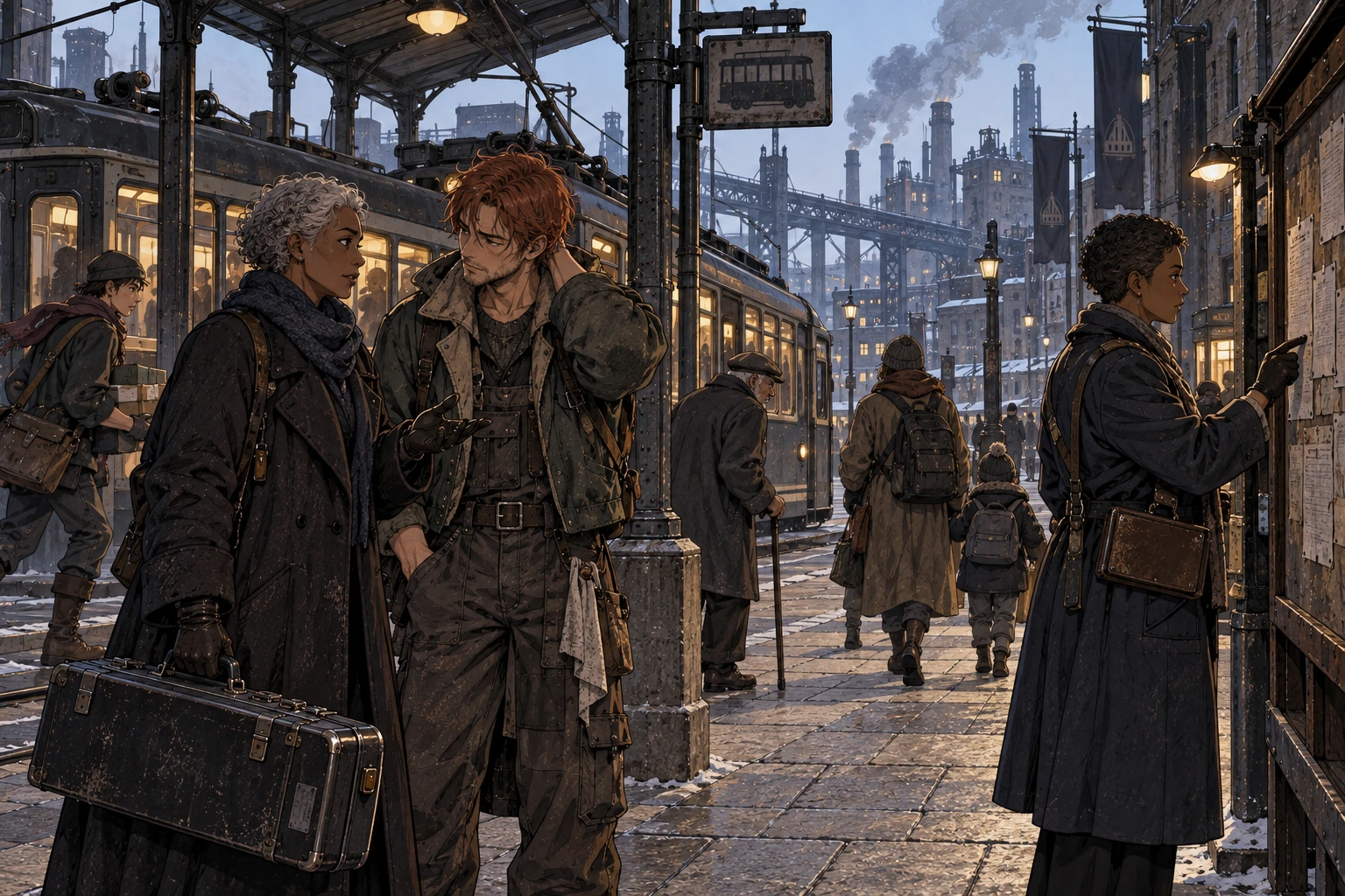 Residents with different occupations and backgrounds pass a dry tram stop while a professional speaks to a tradesperson and an official checks notices.
