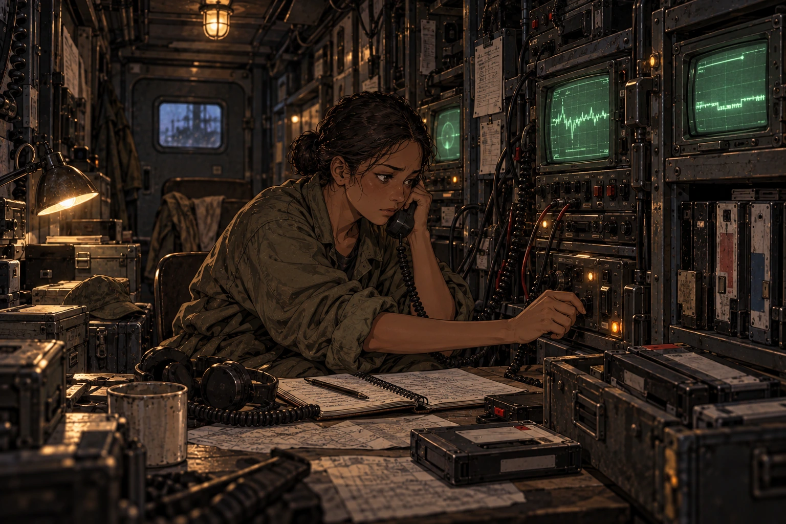 Nera uses a wired handset and adjusts controls inside a communications vehicle lined with CRT and tape racks.
