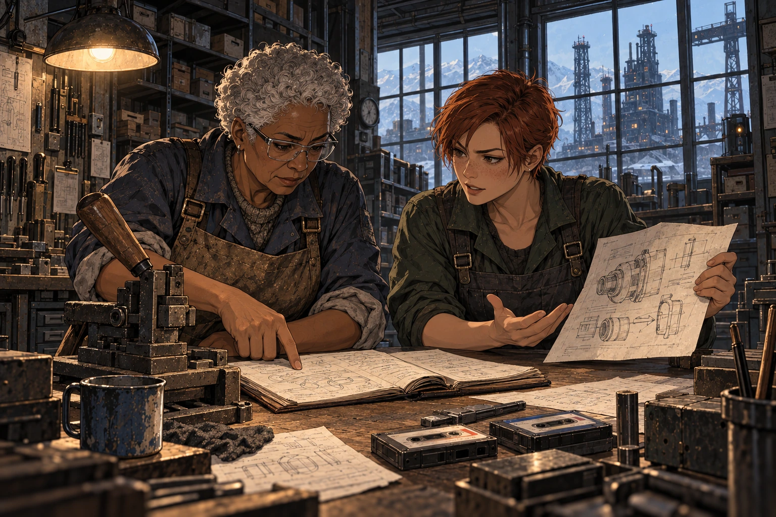 Oda points to a maker’s record while Rika explains an adapter drawing beside an adapted tool handle at a stopped bench.