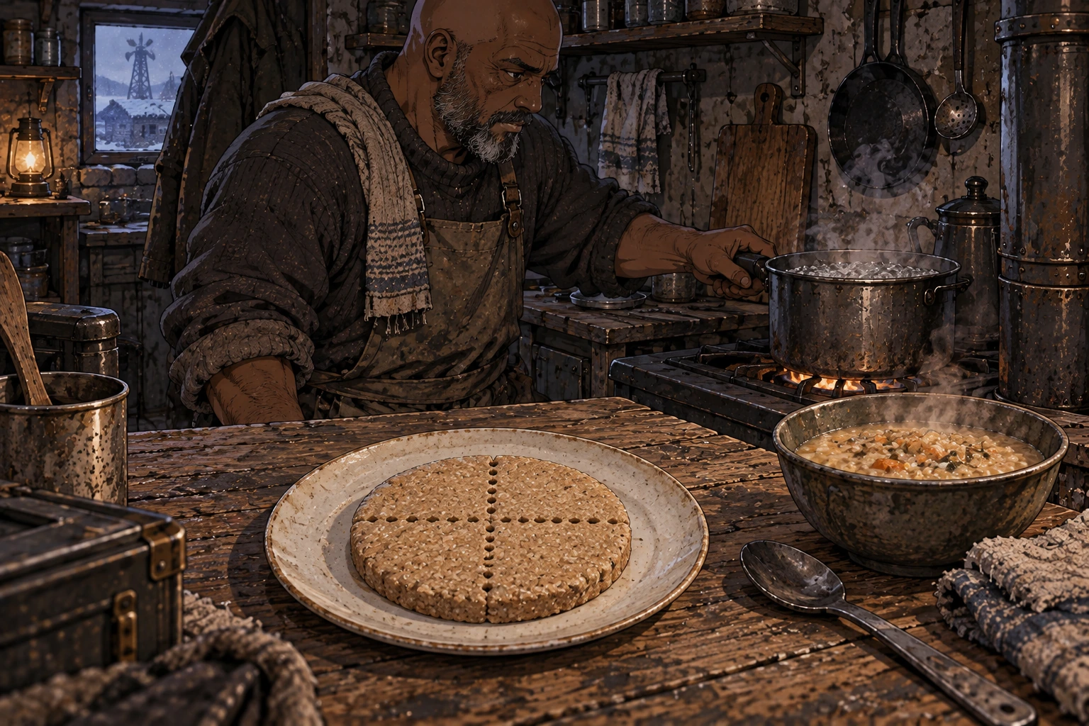 One bread-like ration with four perforated wedges lies beside boiling water and an already prepared serving in a modest kitchen.