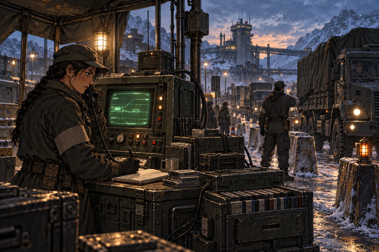 At the basin checkpoint, a military operator works beside a worn CRT, analogue controls and racks of cassettes while a guard directs freight vehicles through the mountain town.