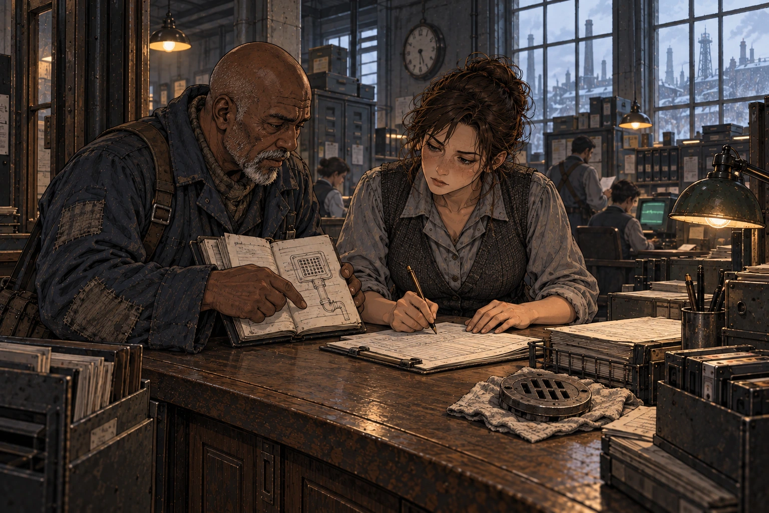 Toma shows Leva a drain sketch in his notebook as she writes a work order at a busy office counter.