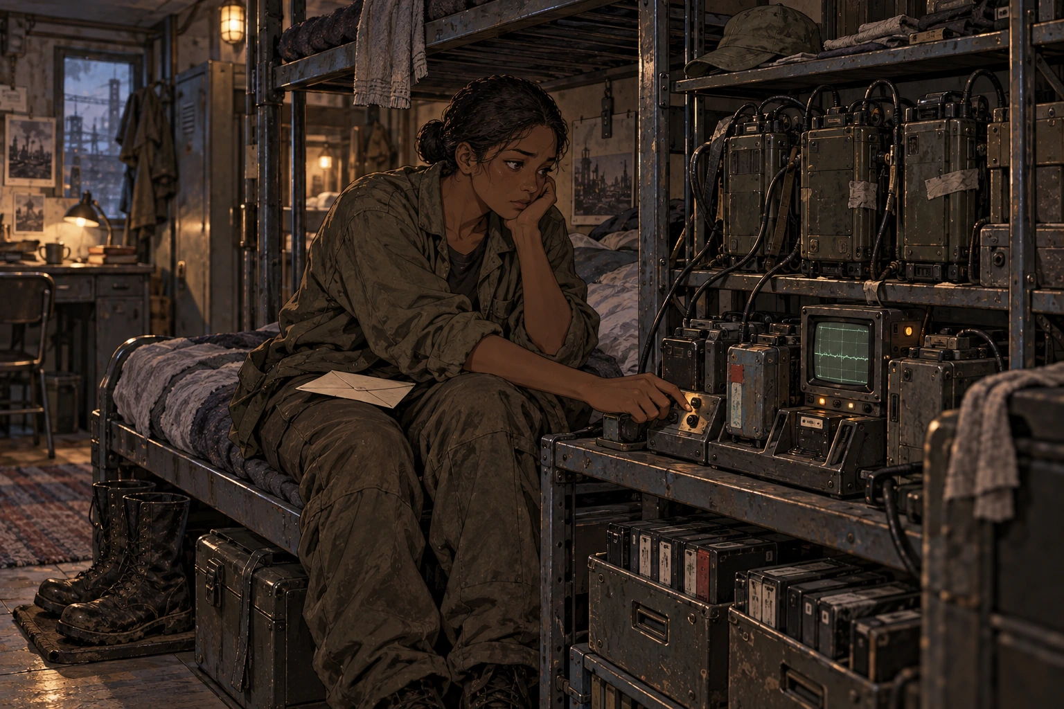 Nera checks a shared radio cradle beside her bunk with a closed personal letter on her knee.