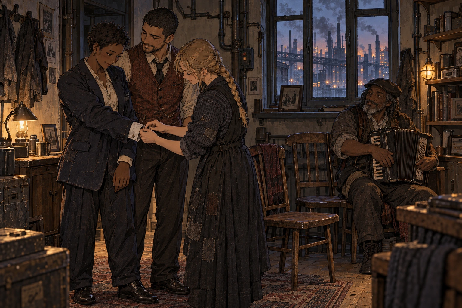 A friend adjusts a borrowed jacket cuff for one partner while the other stands close and an older accordion player waits beside mismatched chairs.