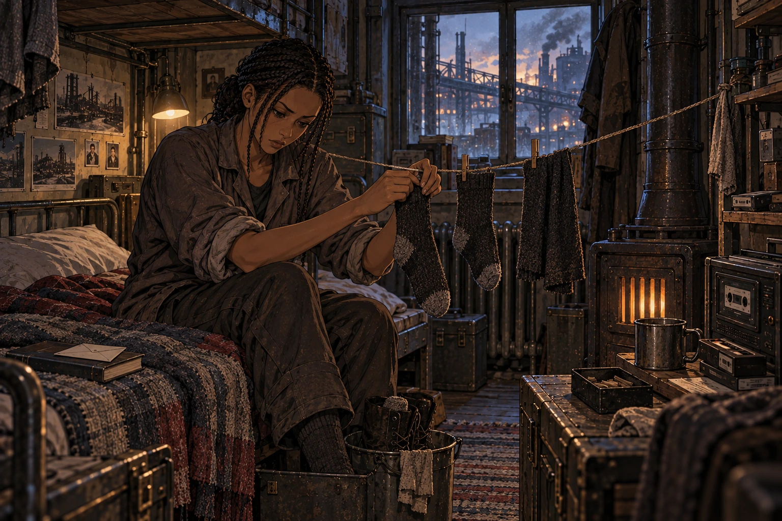 Dara hangs mended socks beside her bunk, separated from her damp boots.