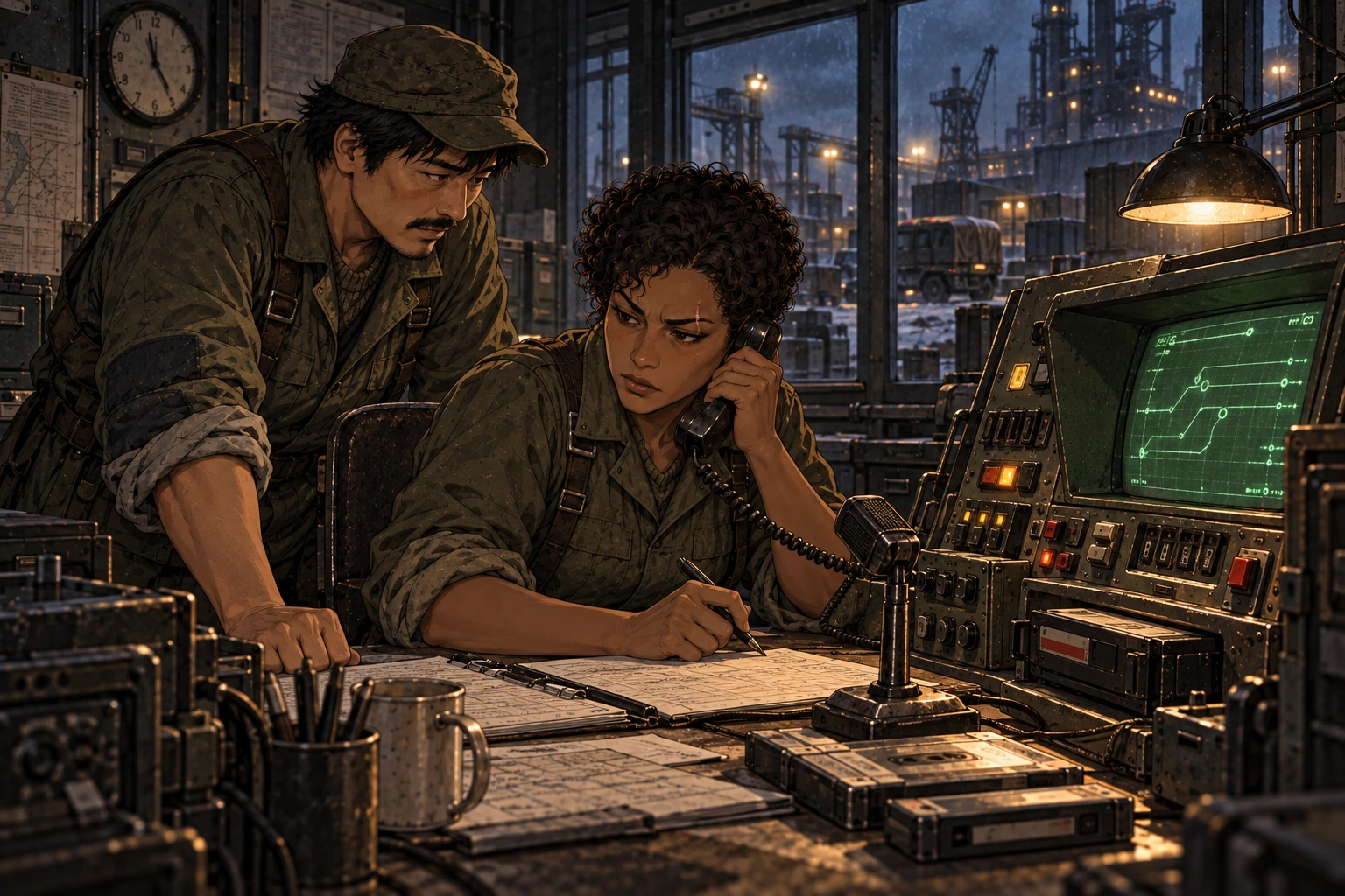 Vesa takes a dispatch report at a full console while Aron compares it with the paper order.