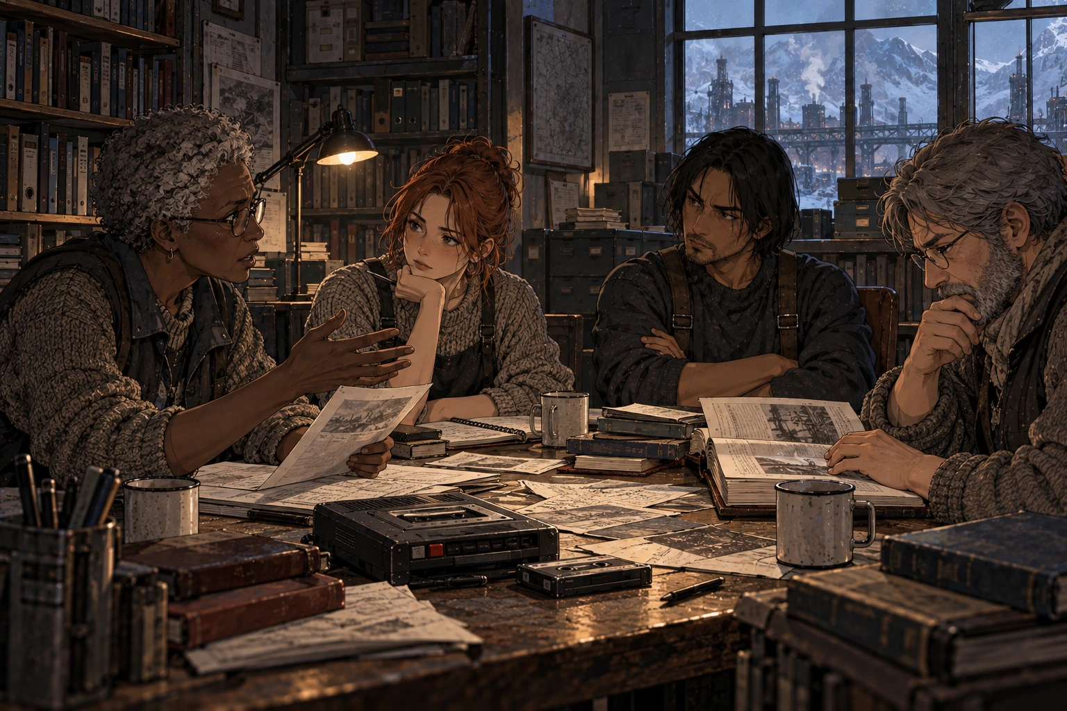 Four adults debate a paper at a Reading Exchange table, with listeners showing interest, scepticism and concentration.