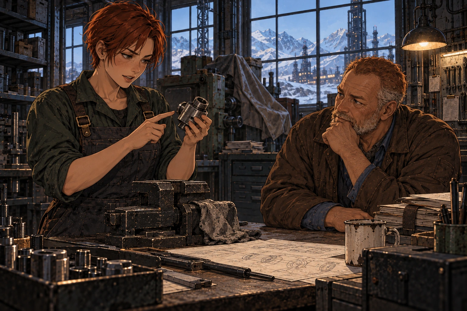Rika shows her completed metal adapter to Pavel at a quiet workshop bench while he listens with pride and concern.
