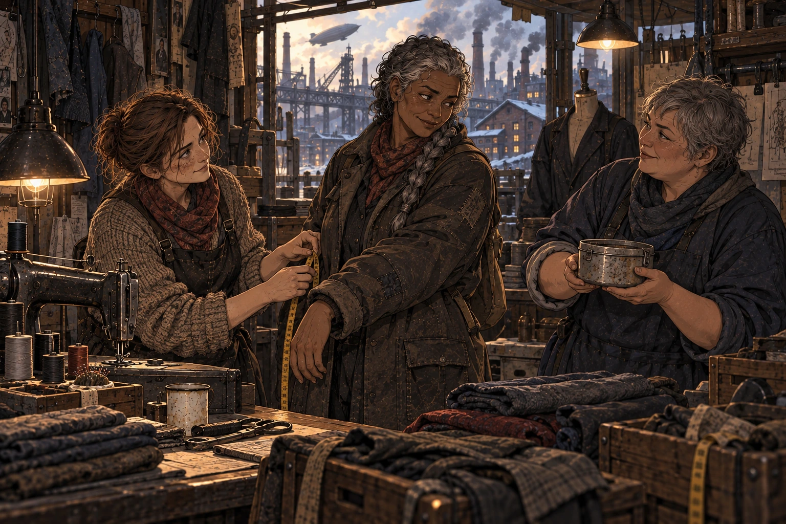 Maren measures Mila's coat sleeve in a tailoring workshop while Hessa holds a metal container and joins their conversation.