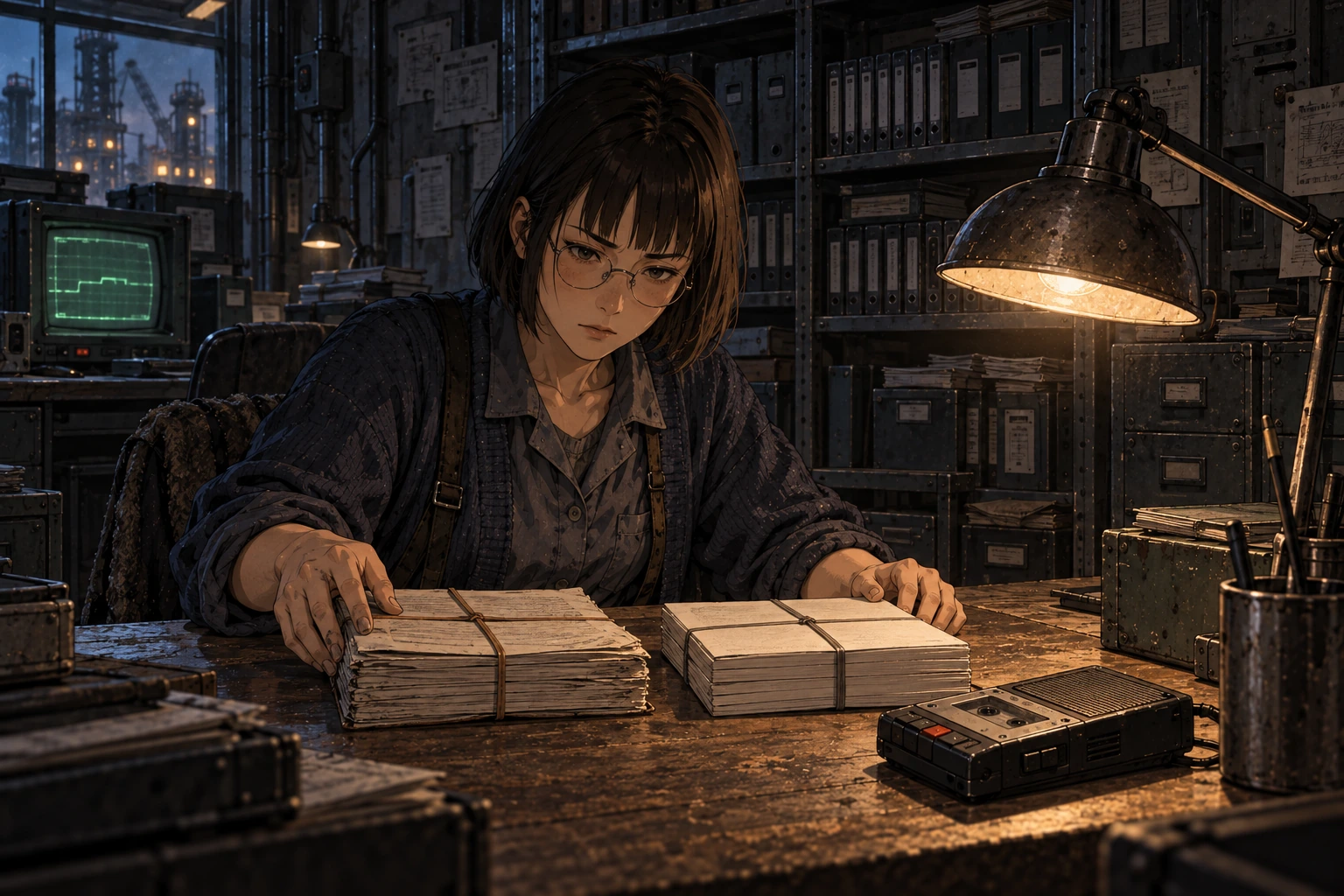 Salka Ren studies two separate paper bundles beneath a desk lamp, with a compact cassette recorder beside them.