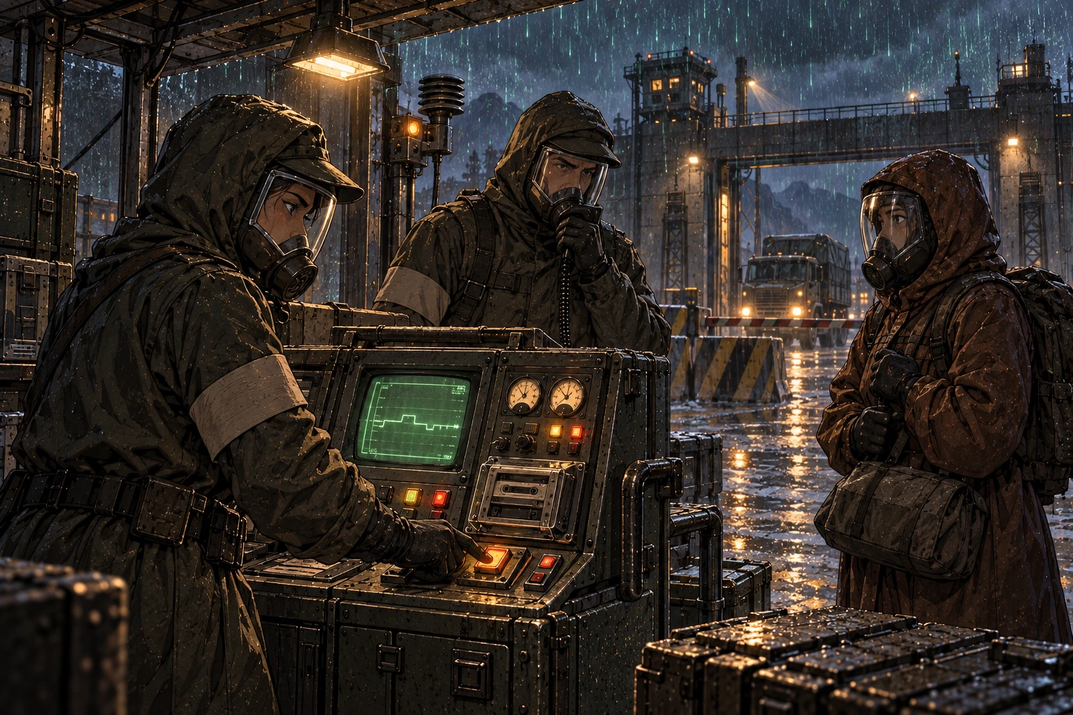 Sealed rain-suited checkpoint staff operate a CRT and cassette detector station while a protected traveller waits in heavy rain.