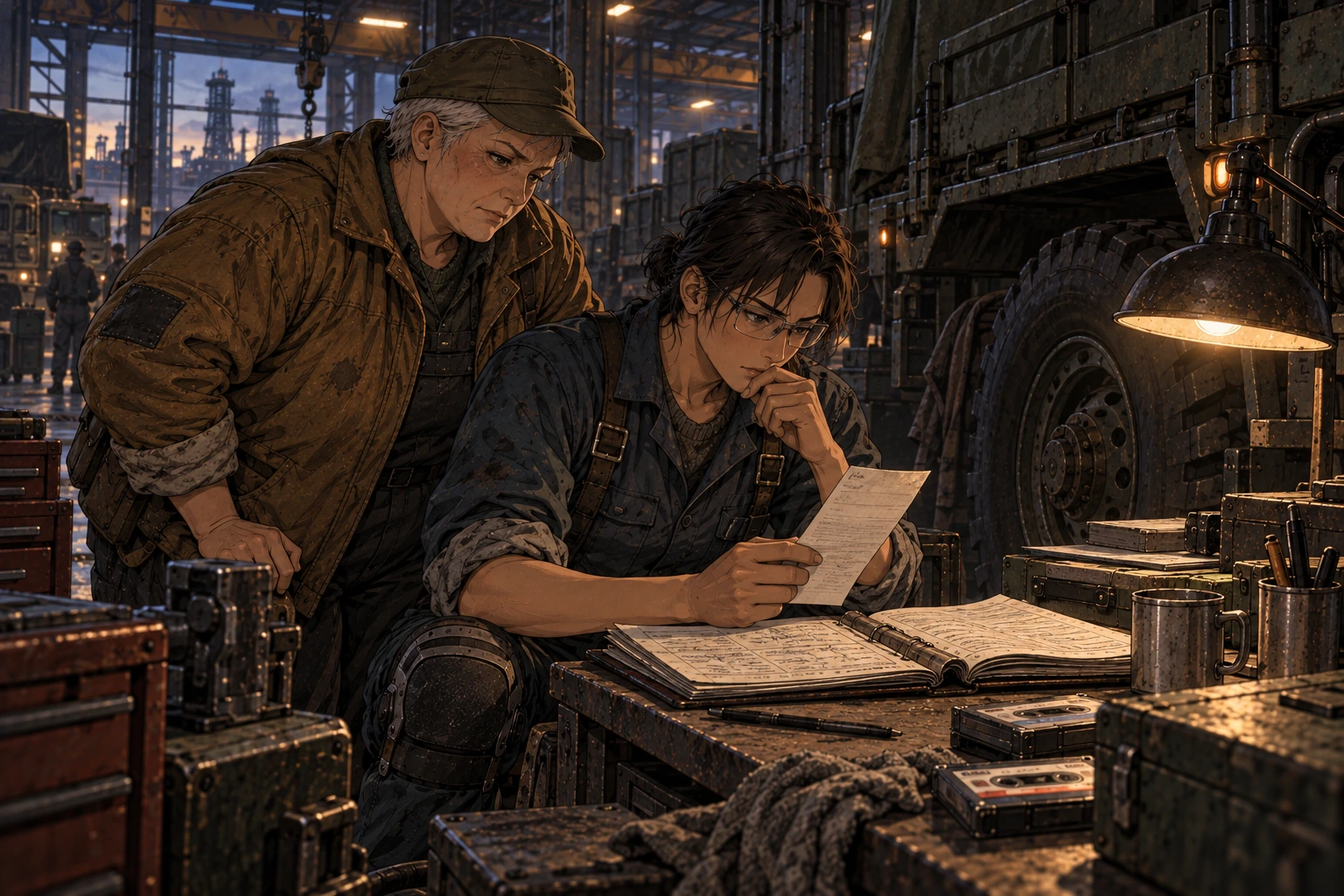 Sen studies a loose receipt from a maintenance folder with Edda beside him.