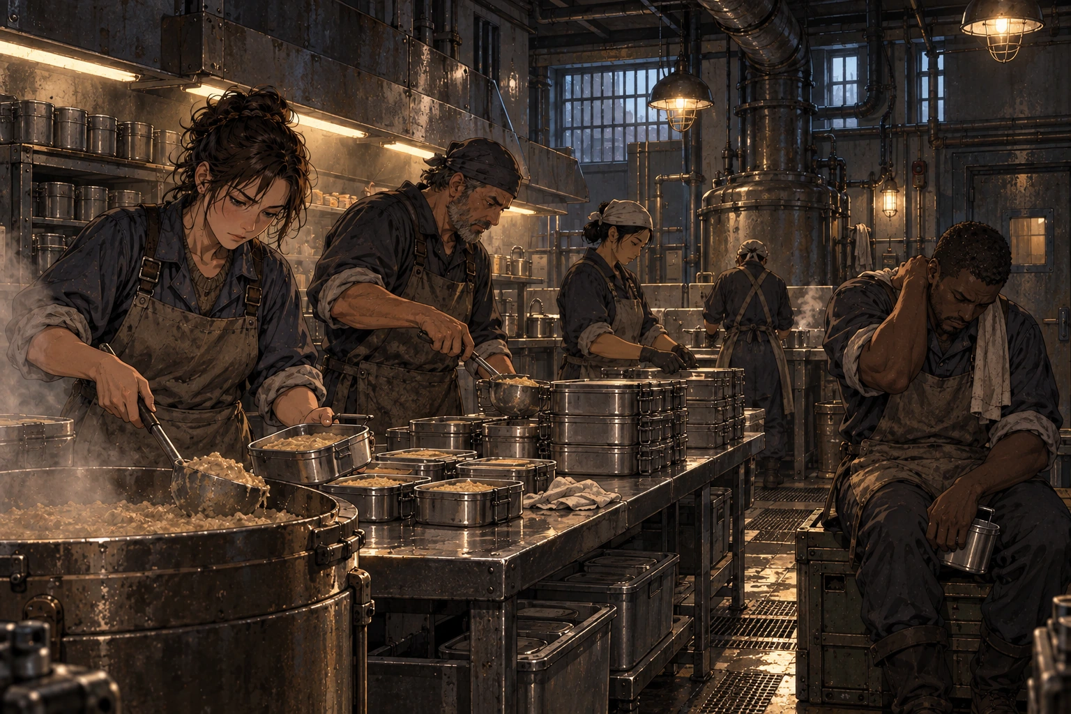 A mixed crew portions plain paste into serving tins while one worker rests an aching shoulder.
