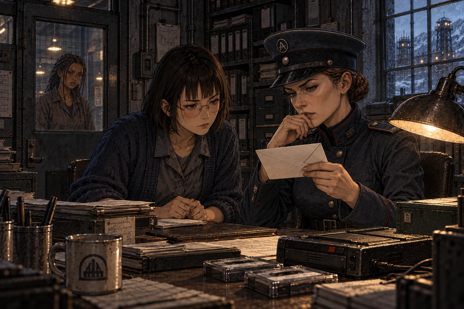 Holt holds a closed envelope while Salka watches and Dara waits beyond the glazed door.