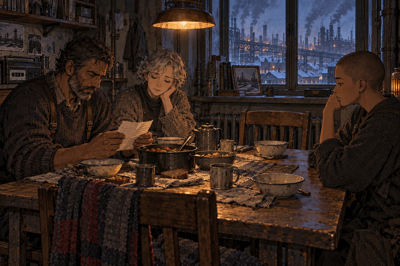 Three adults share a modest remembrance meal as one reads a folded paper beside an empty place at the table.