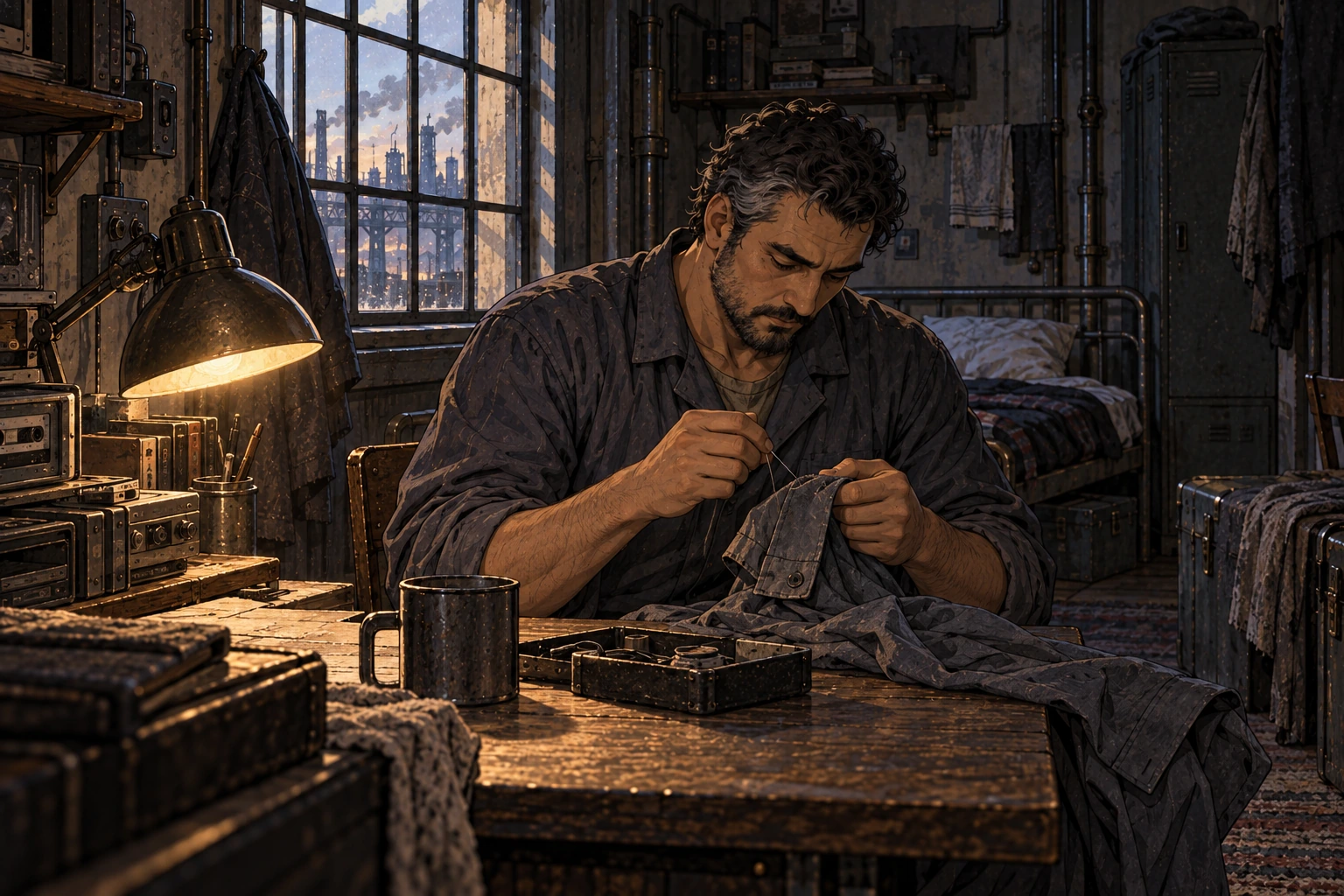 Mik carefully sews a torn work-shirt cuff at a bare table, looking down in quiet concentration.