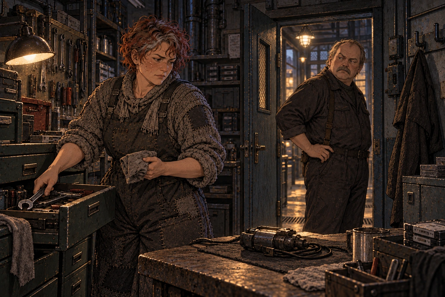 Runa puts a spanner away as Edren waits at the workroom doorway.